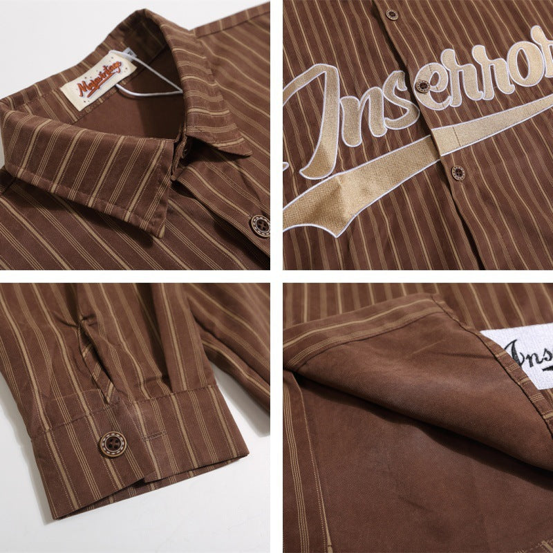 Retro Embroidered Vertical Stripe Long-Sleeve Shirt