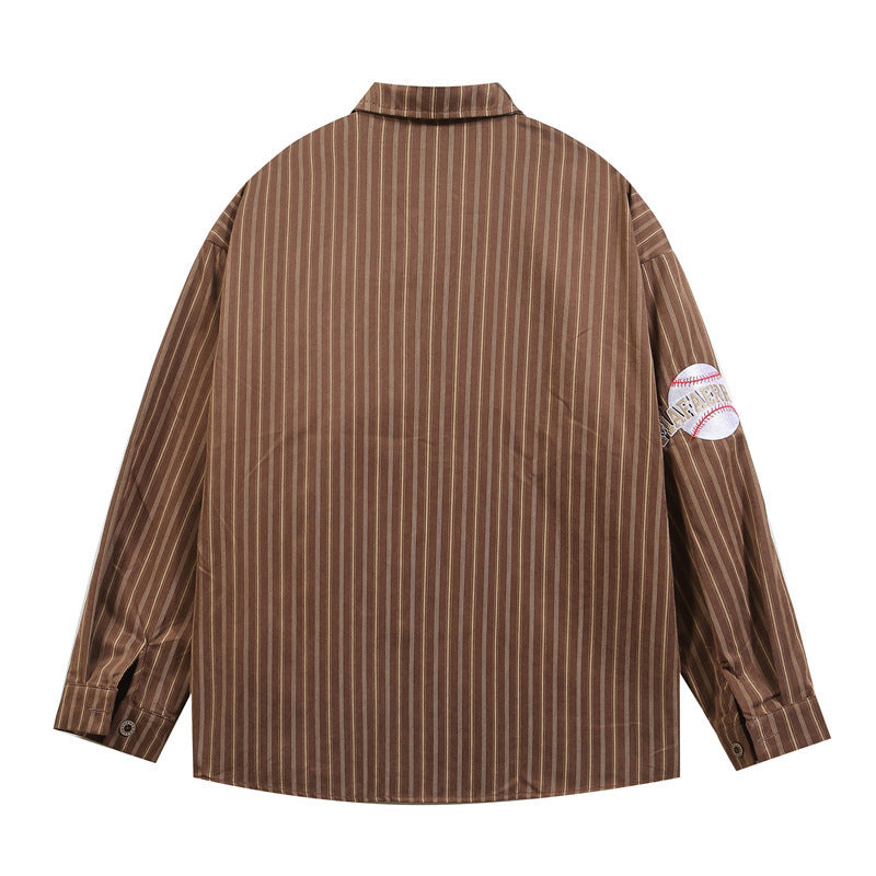 Retro Embroidered Vertical Stripe Long-Sleeve Shirt