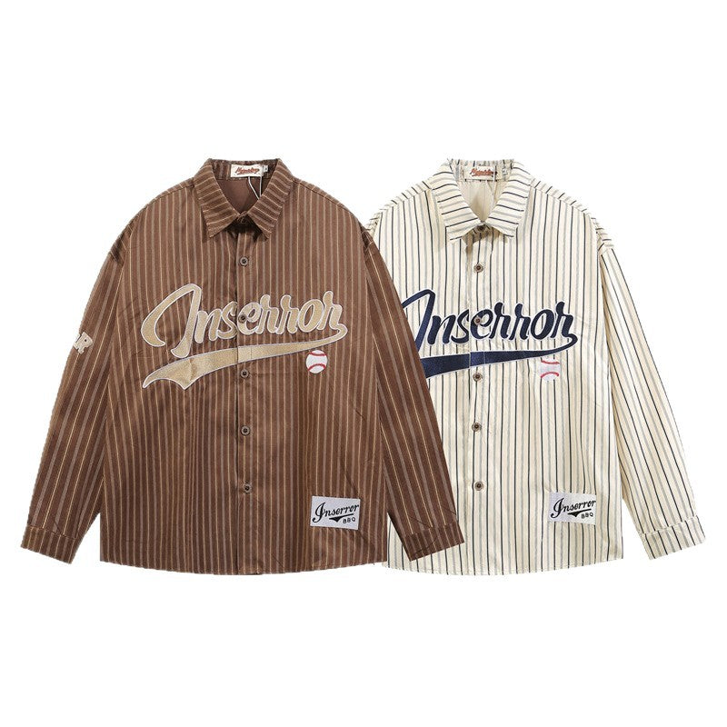 Retro Embroidered Vertical Stripe Long-Sleeve Shirt