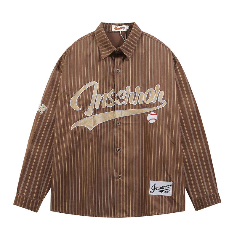Retro Embroidered Vertical Stripe Long-Sleeve Shirt