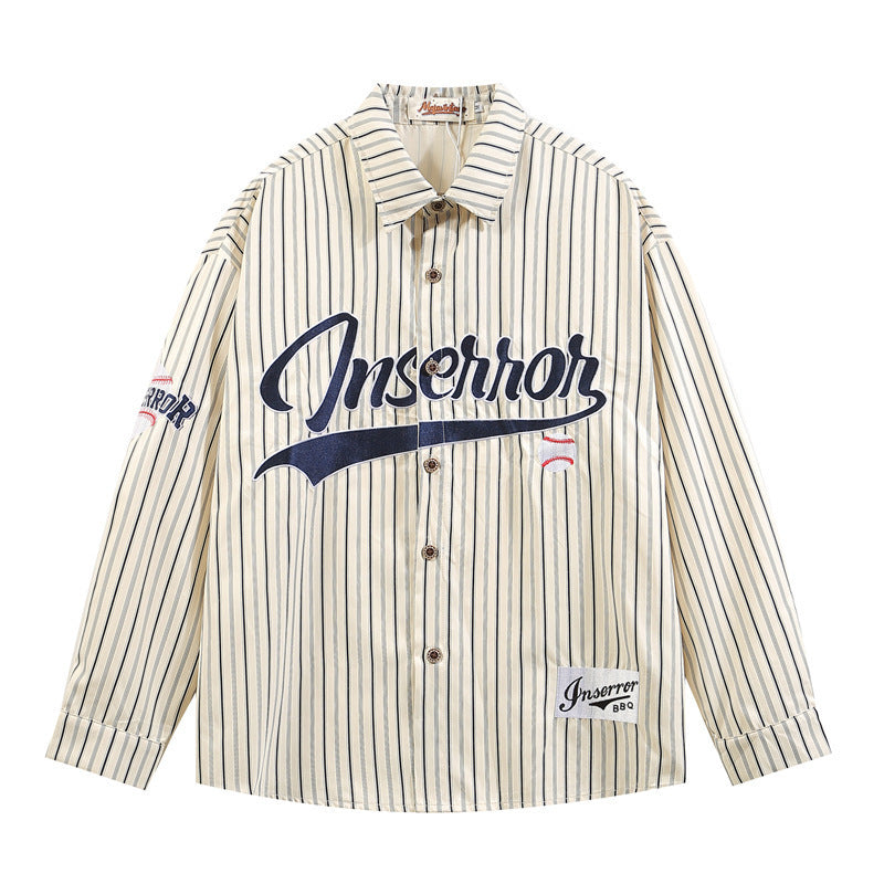 Retro Embroidered Vertical Stripe Long-Sleeve Shirt